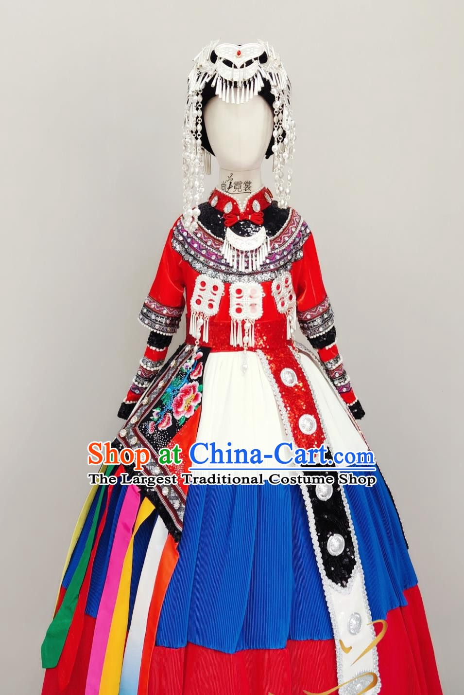 Chinese Dong Nationality Woman Clothing Tujia Folk Dance Stage Performance Dress