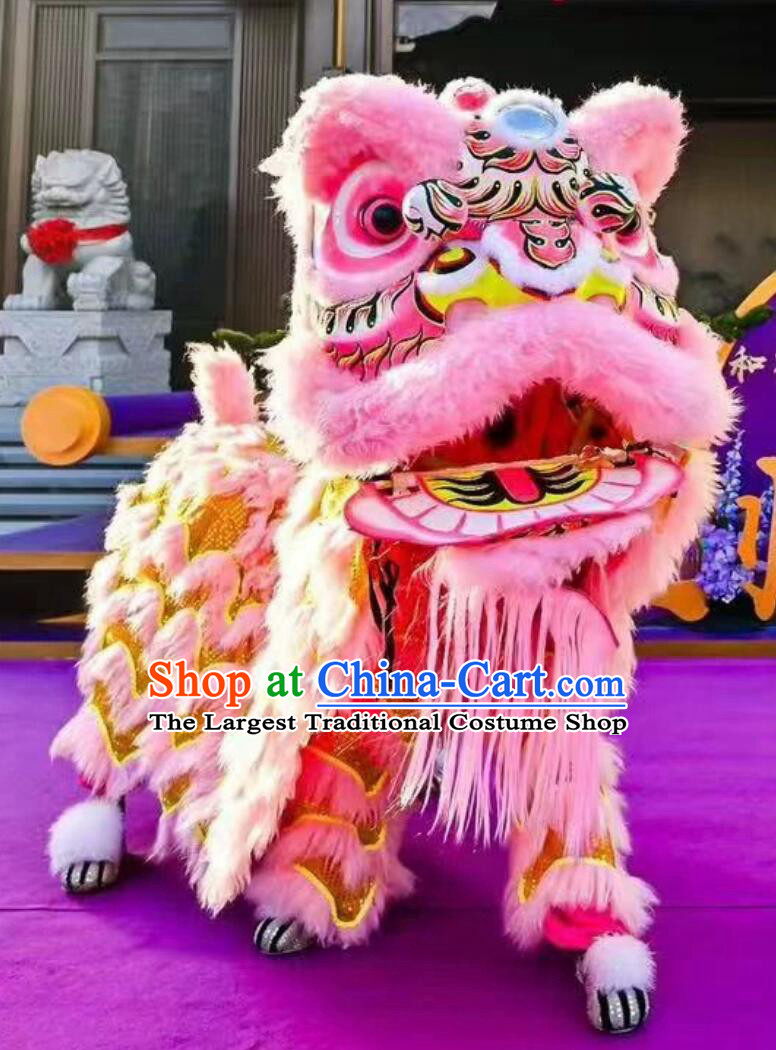 Chinese Lion Dance Costume Handmade Pink Wool Lion Head and Clothing Complete Set