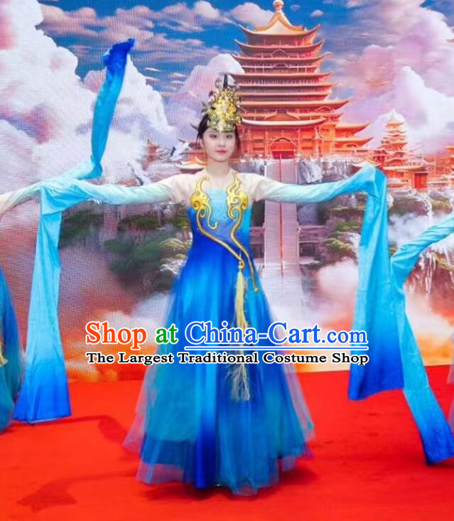 Chinese Classical Performance Clothing Water Sleeve Dance Costume Women Han Tang Dance Long Sleeve Blue Dress
