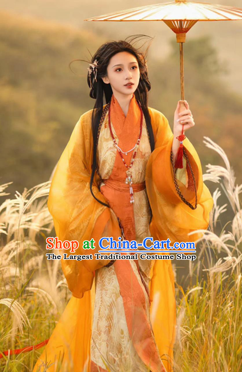 Yellow Warring States Robe Women Hanfu Chinese Wide Sleeve Gown Wei Jin Southern Northern Dynasties Costume
