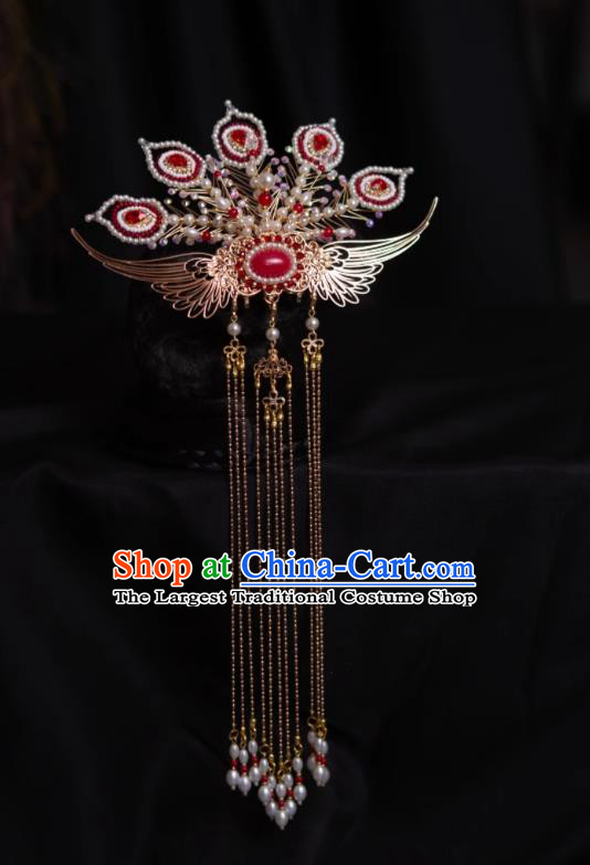 Back Tassel Buyao Hairpin Chinese Hanfu Hair Ornament Handmade Red Phoenix Hair Comb
