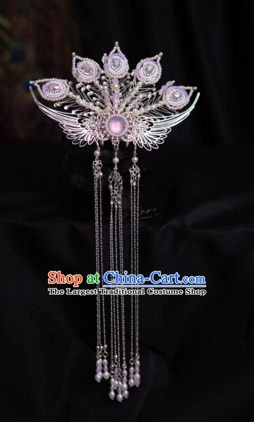 Handmade Light Purple Phoenix Hair Comb Back Tassel Buyao Hairpin Chinese Hanfu Hair Ornament
