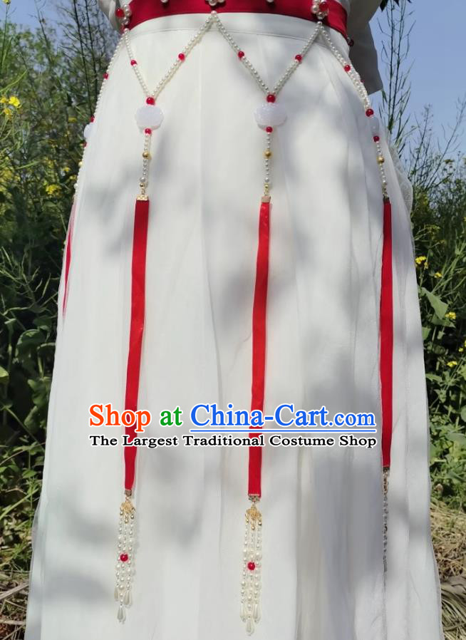 Pearl Tassel Ribbon Sash Oxplume Knot Ancient Style Hanfu Accessory Red Waist Band Handmade Waist Chain