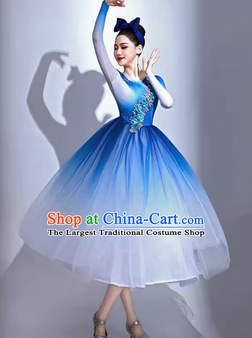Modern Dance Costume Umbrella Dance Performance Blue Dress Women Dance Tutu Square Dance Clothing