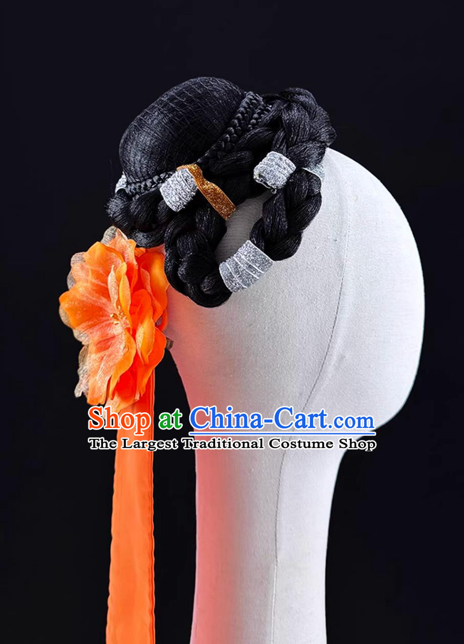 Female Group Dance Headwear Flower Falling Beauty Dance Headdress Ethnic Stage Performance Wig Headpiece