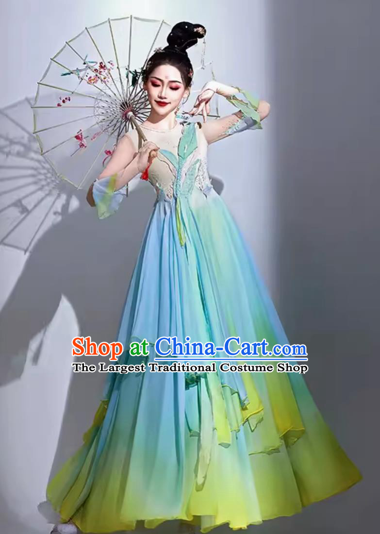 Classical Dance Costume Chinese Style Hanfu Umbrella Dance Clothing Women Elegant Opening Dance Blue Dress