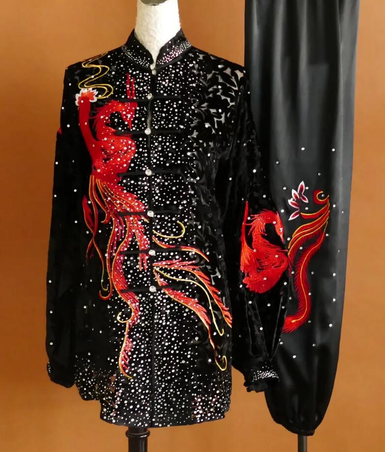 Tai Chi Performance Costume Rhinestone Velvet Kung Fu Suit Embroidered Phoenix Wushu Competition Uniform Black Taiji Outfit