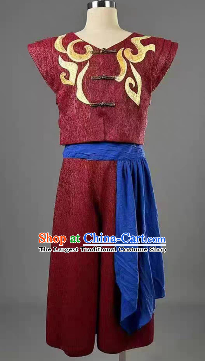 Burgundy Grain Threshing Work Song Performance Costume Harvest Celebration Folk Dance Outfit Chinese Farmer Dancewear
