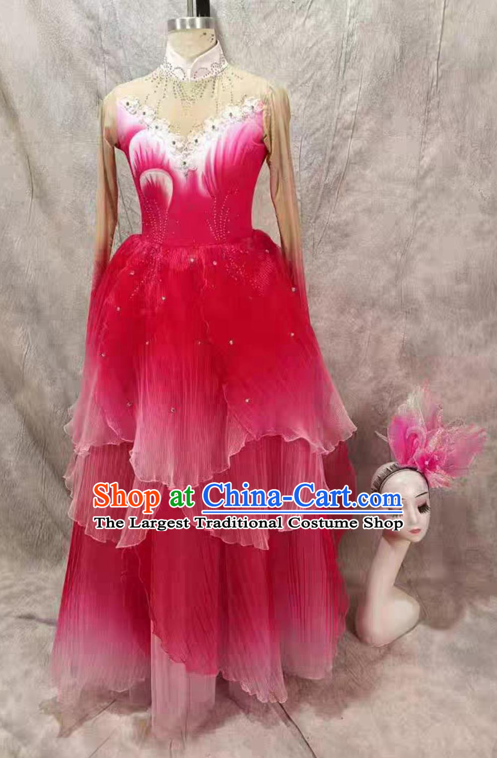Opening Dance Flared Dress Fuchsia Ombre Chinese Modern Large Group Dance Costume