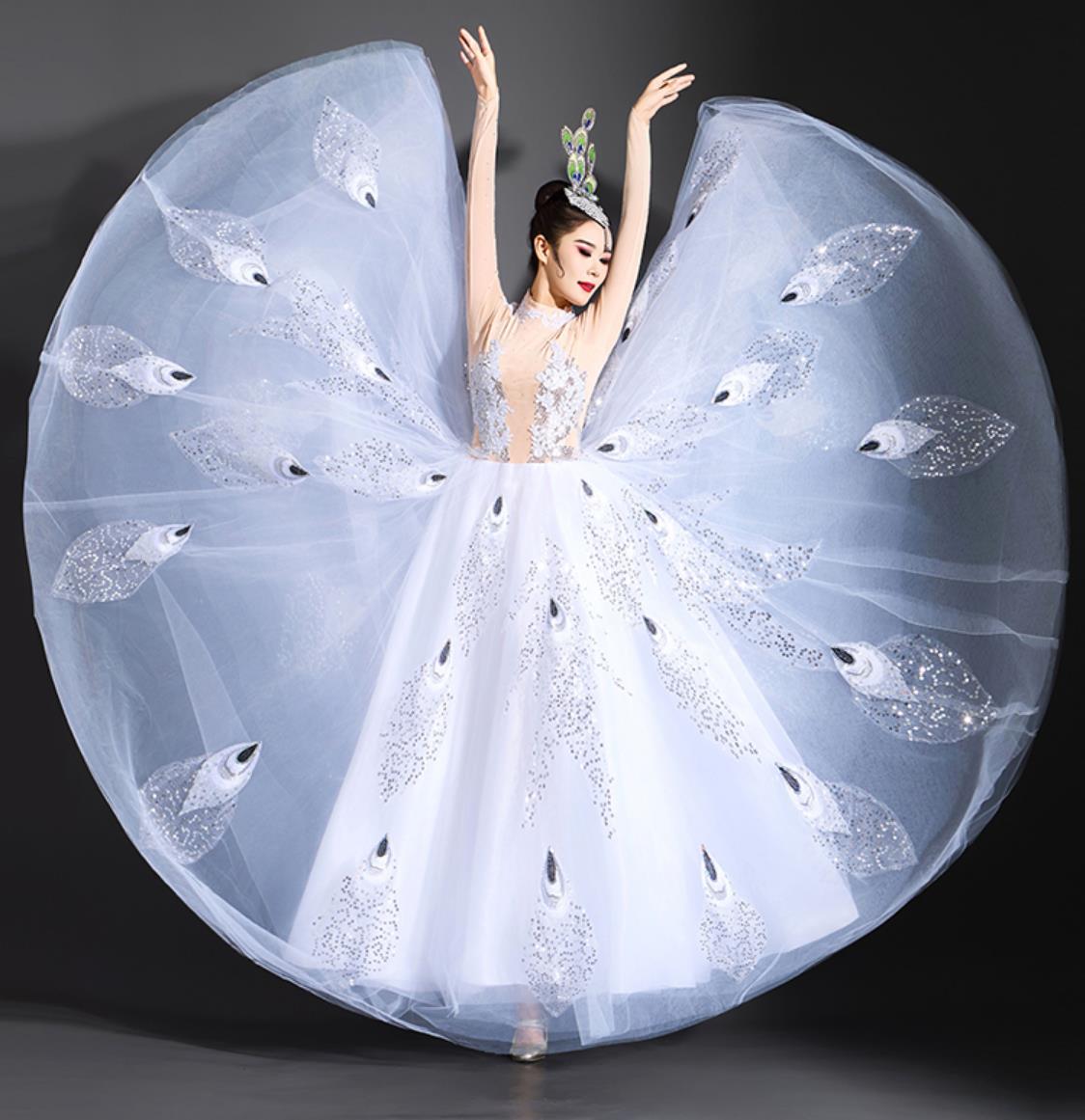 Women Group Dance Clothing Peacock Dance White Dress Yang Liping Spirit Of The Bird Performance Costume