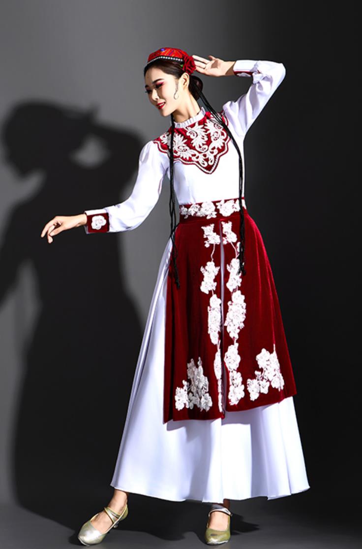 Chinese Ethnic Performance Outfit Women Dance Costume Kazakh Xinjiang Flowy Flared Dress