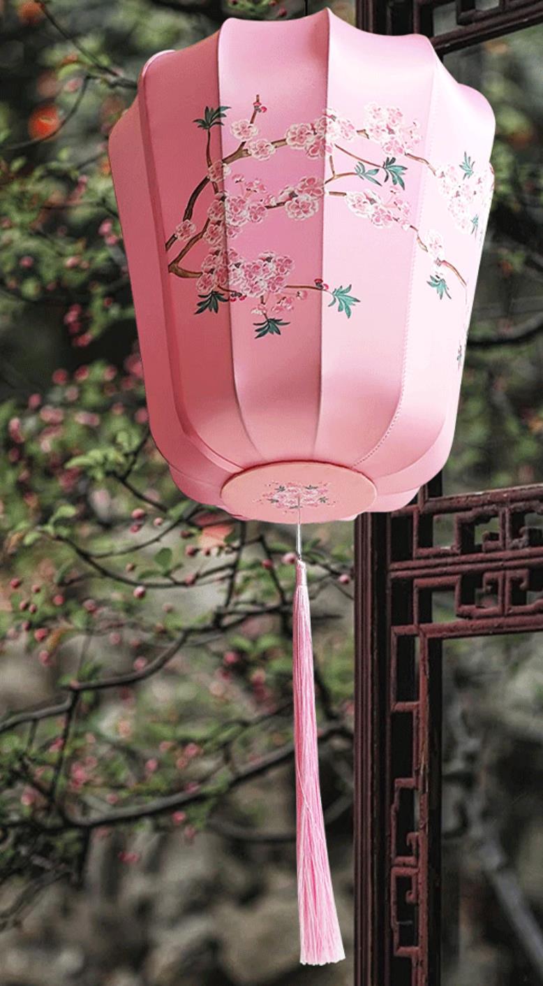 Printed Plum Blossom Lamp Festival Celebration Pink Silk Lantern Chinese Mid Autumn Festival Lantern