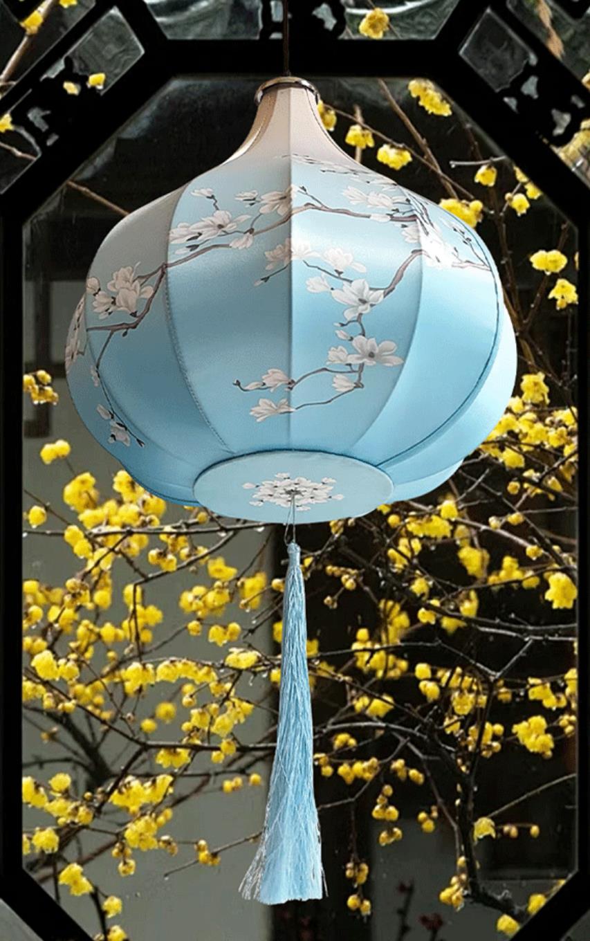 Chinese Mid Autumn Festival Lantern Printed Magnolia Flower Lamp Festival Celebration Blue Silk Lantern