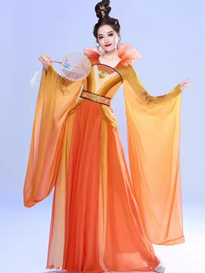 Classic Dance Performance Costume Women Elegant Han Tang Fairy Ancient Clothing Chinese Hanfu Dance Orange Dress