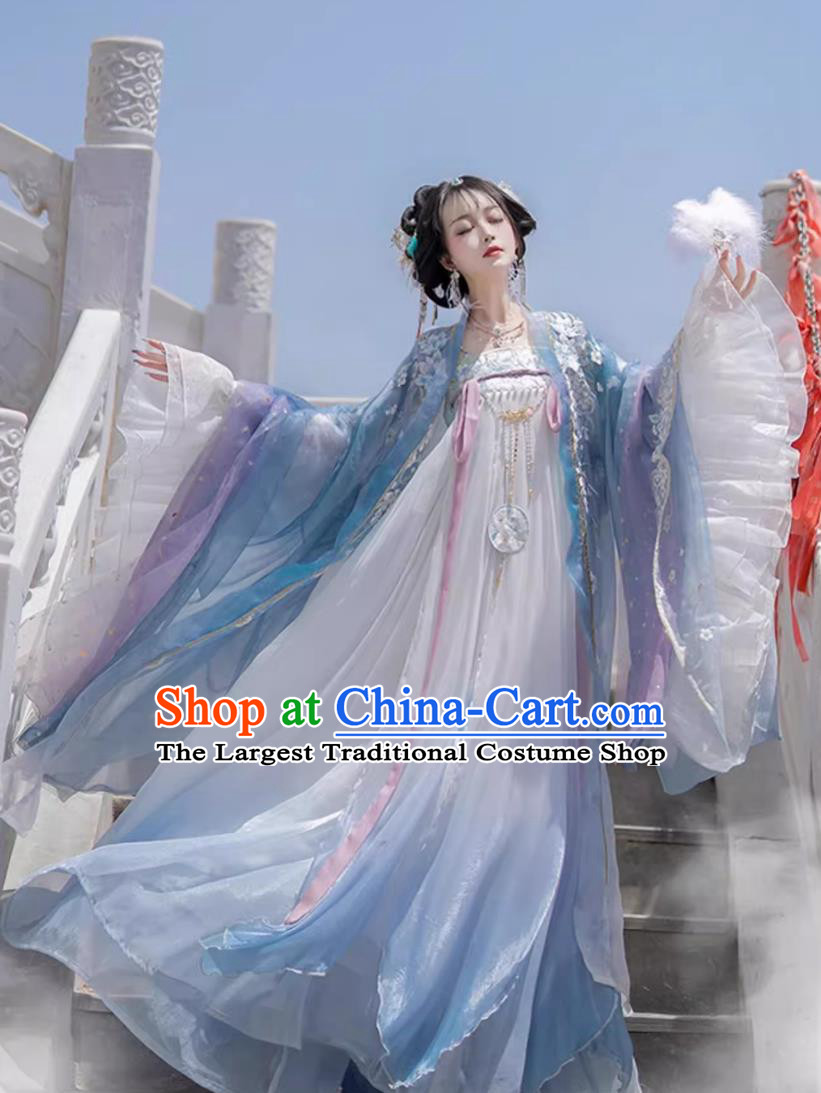 Chinese Blue Hanfu Ruqun Traditional Clothing Tang Dynasty Princess Wide Sleeve Costume