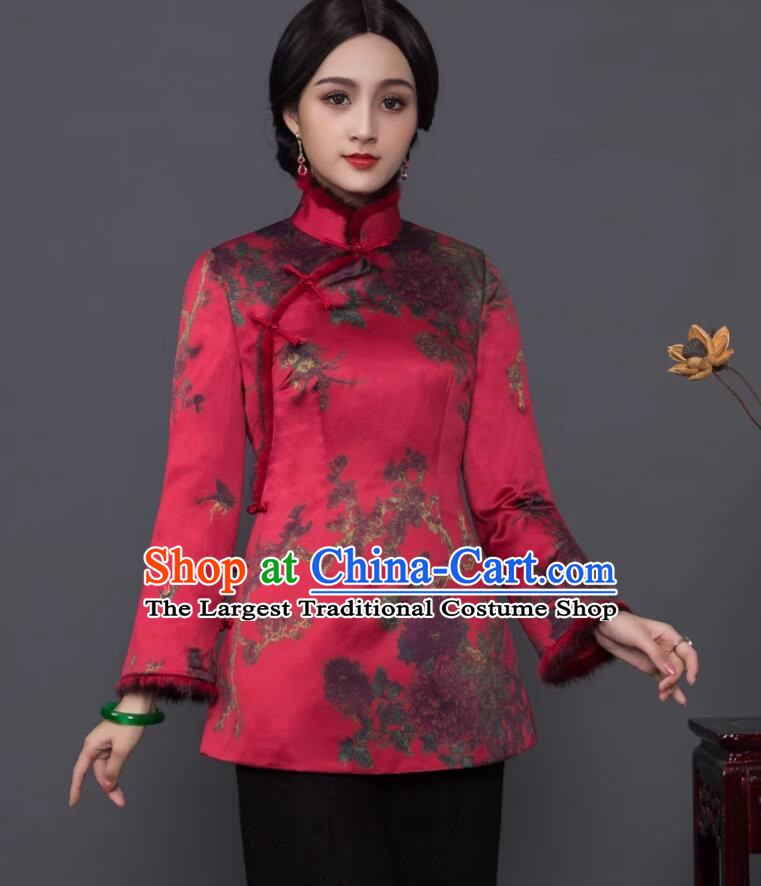 Chinese Red New Year Festive Cheongsam Upper Outer Garment Cotton Padded Long Sleeve Tang Jacket