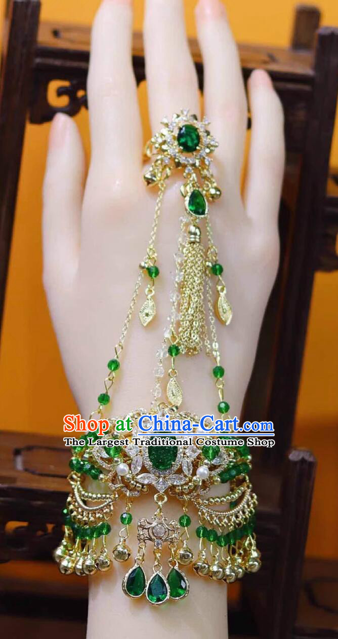 Ancient China Fairy Princess Green Bracelet with Ring Traditional Chinese Hanfu Jewelry