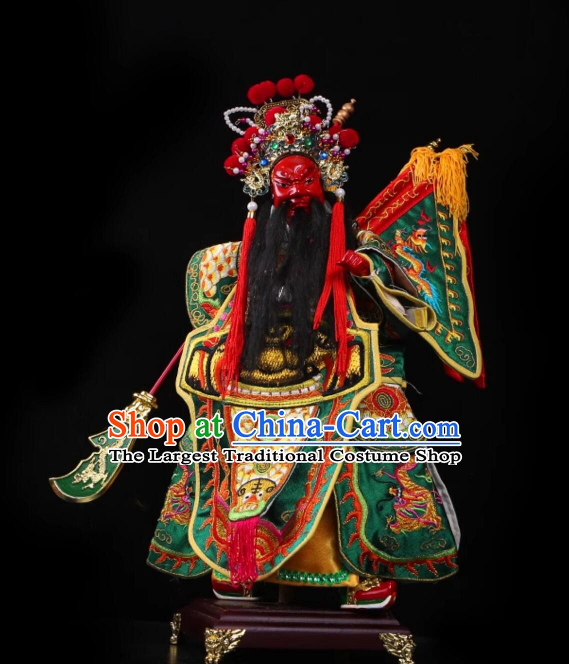 Military God of Wealth Guan Gong Hand Puppet Art Handmade Wood Carving Head Guan Yu Puppet Traditional Chinese Peking Opera General Glove Puppet