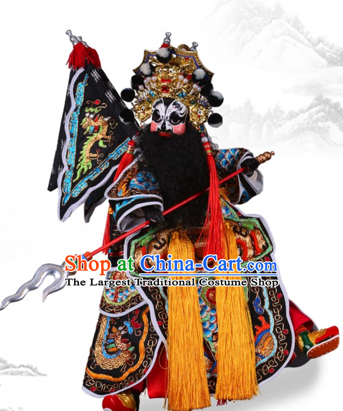 Handmade Wood Carving Head Zhang Fei Puppet Traditional Chinese Peking Opera General Glove Puppet Zhang Yi De Hand Puppet Art