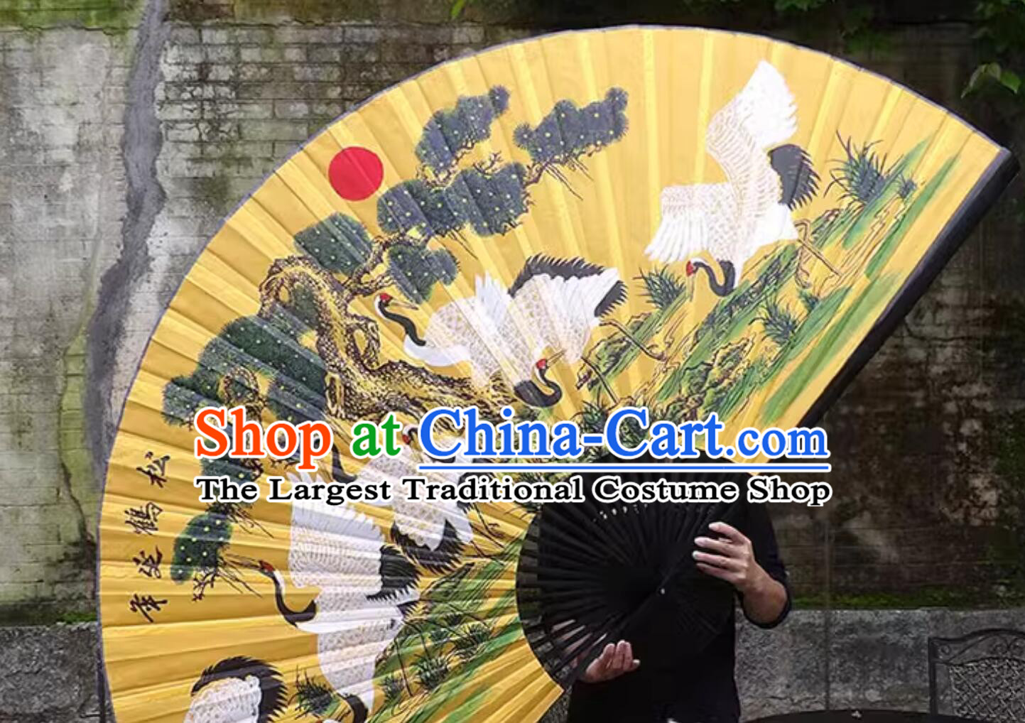 Handmade Large Decorative Painting Hanging Fan Craft Chinese Folding Fan Stage Background Wall Hanging Pine Crane Fan