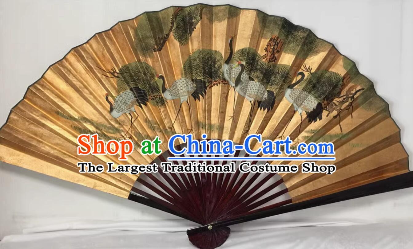 Japanese Wall Hanging Pine Crane Fan Large Decorative Painting Fan Craft Stage Background Antique Folding Fan
