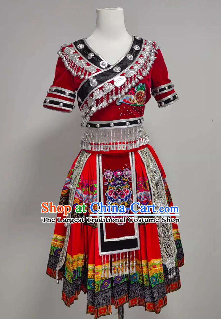Red Miao Ethnic Dance Performance Costume Women Ethnic Minority Stage Performance Costume Xiangxi Flared Skirt Set