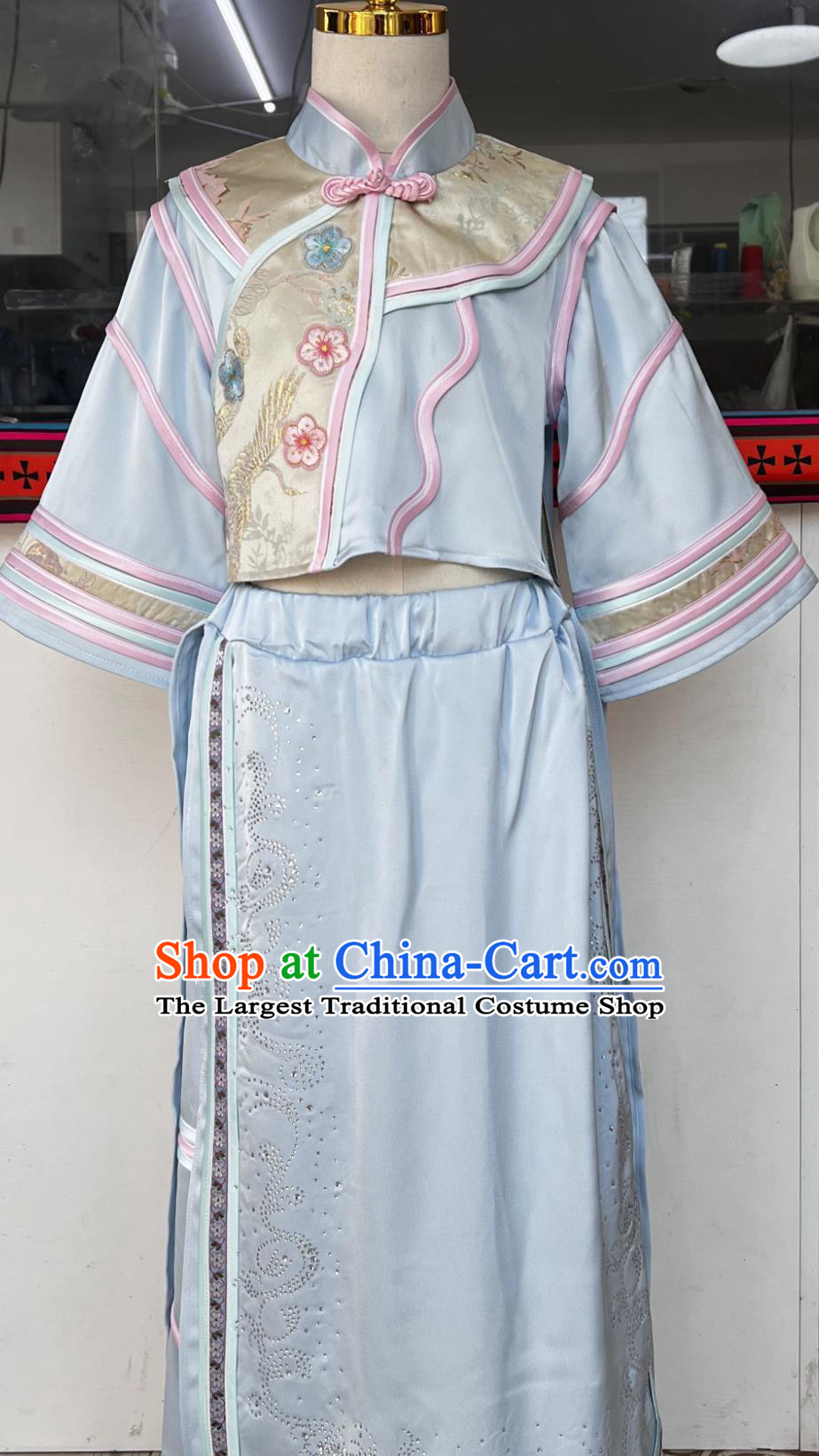 Light Blue Manchu Princess Gege Stage Performance Costume Custom Chinese Qing Dynasty Clothing