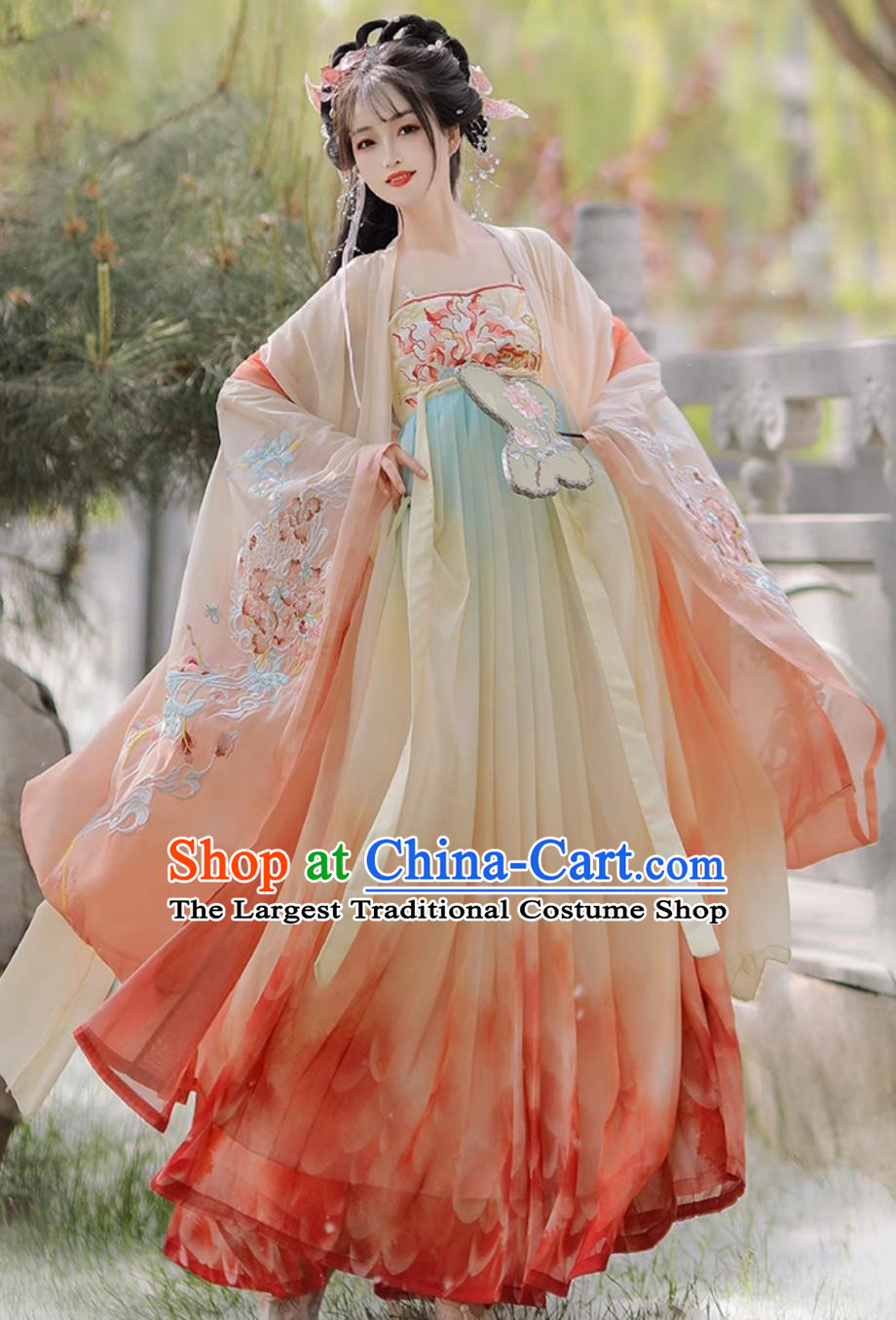Embroidered High Waist Gradient Hezi Skirt Hanfu Women Full Set Chinese Ancient Style Tang Dynasty Costume
