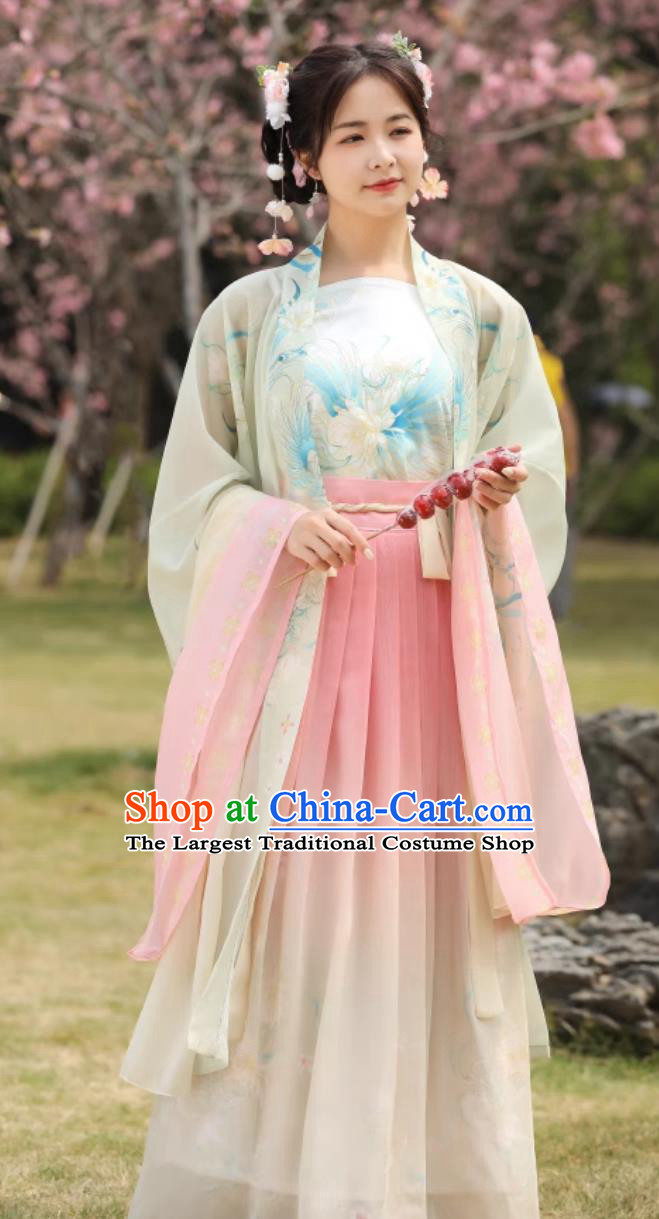 Pink Ephemeral Song Dynasty Hanfu Women Ethereal Gradient Costume Duijin Wide Sleeve Slip One Piece High Waist Dress Set