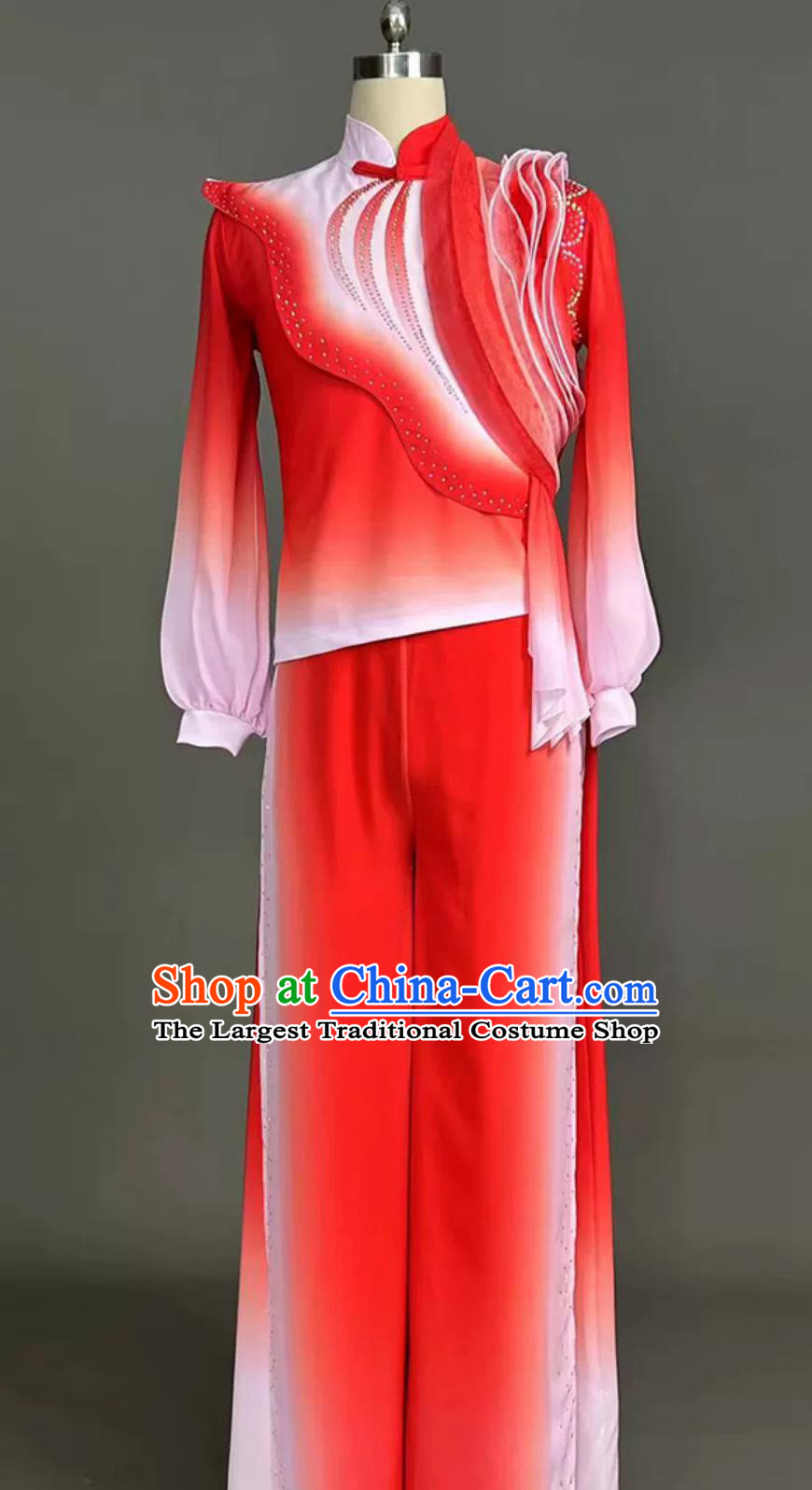 Mens Jiaozhou Hibiscus Yangko Dance Costume Jiu Er Chinese Style Stage Performance Red Uniform