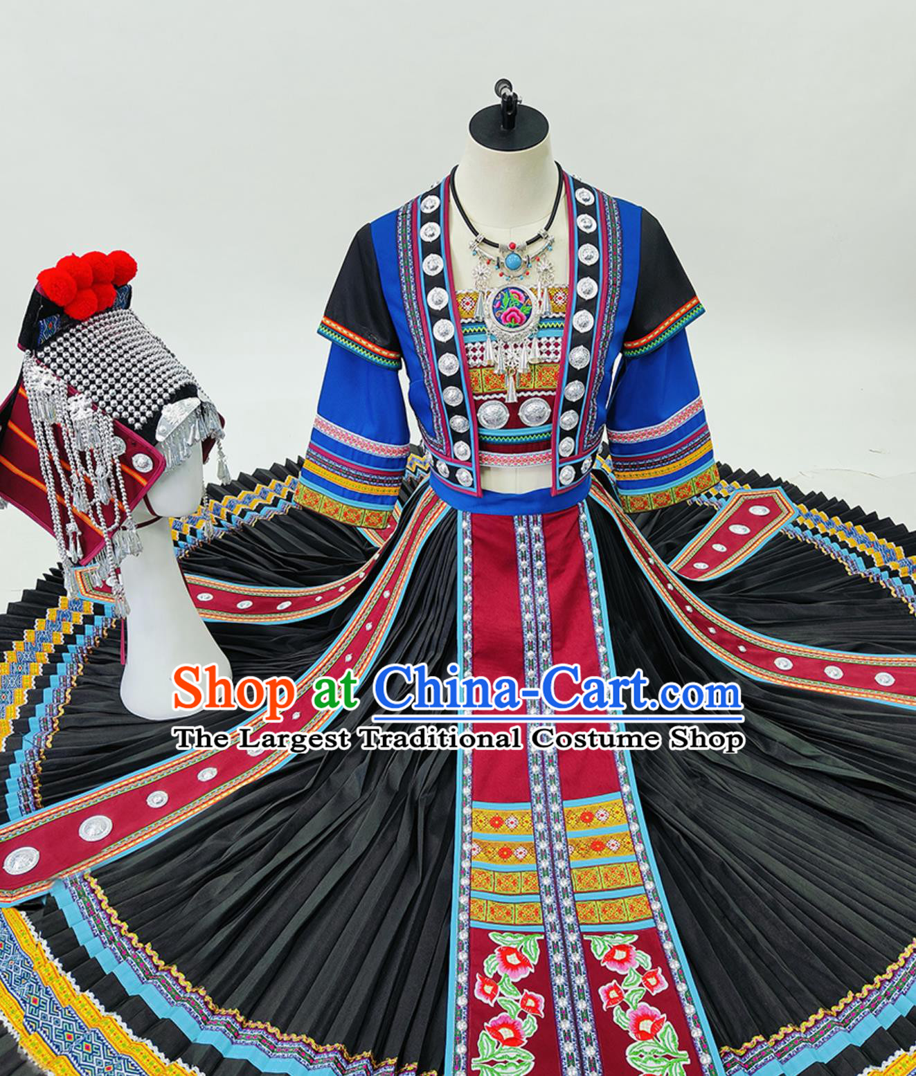 Chinese Ethnic Performance Costume Hani Miao Women Stage Performance Dance Dress