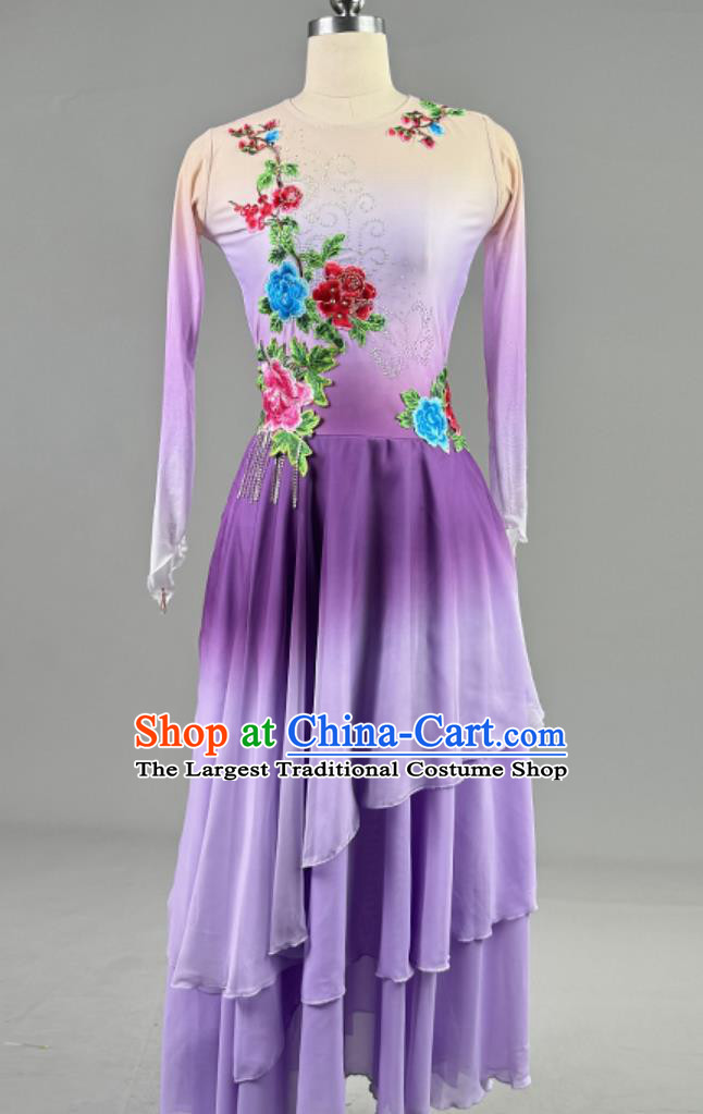 Classical Dance Falling Among Flowers Dance Performance Costume Chinese Style Gradient Fan Dance Purple Dress