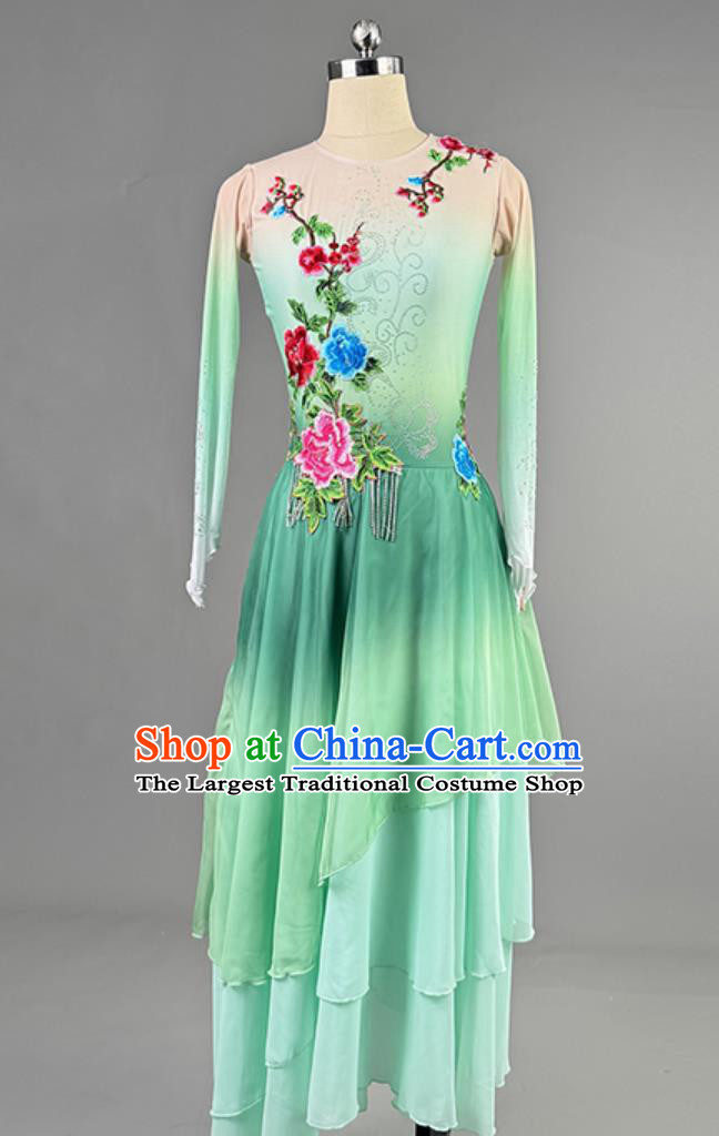 Classical Dance Falling Among Flowers Dance Performance Costume Chinese Style Gradient Fan Dance Green Dress