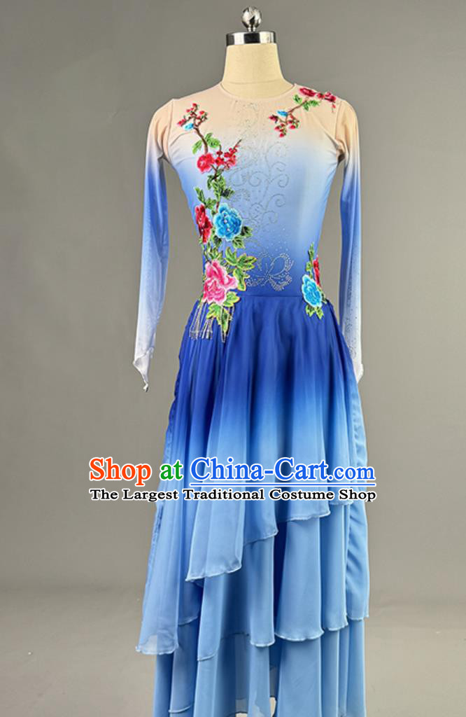 Classical Dance Falling Among Flowers Dance Performance Costume Chinese Style Gradient Fan Dance Blue Dress