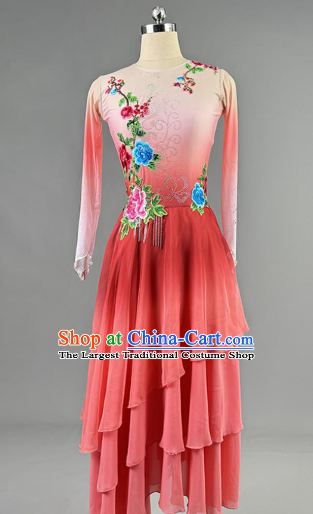 Classical Dance Falling Among Flowers Dance Performance Costume Chinese Style Gradient Fan Dance Red Dress