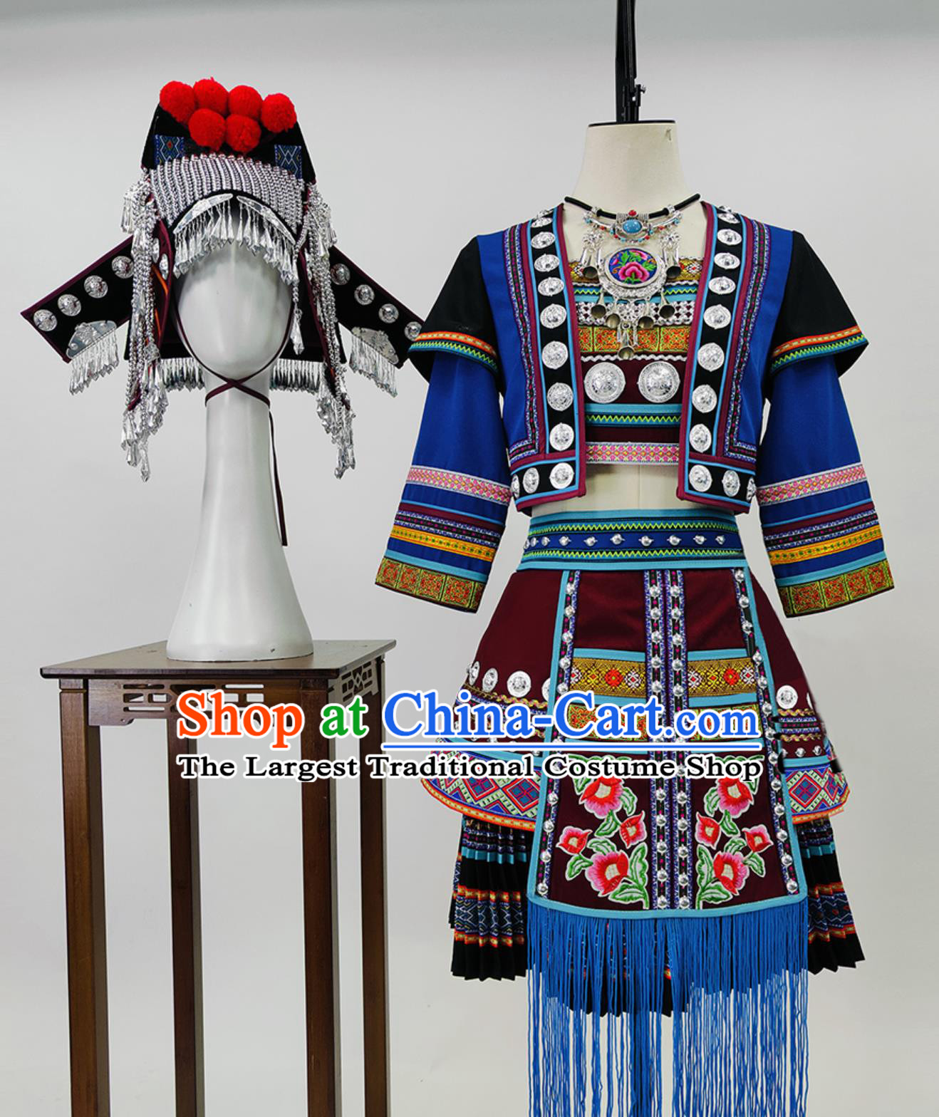 Chinese Ethnic Performance Costume Hani Miao Women Stage Performance Dance Short Dress