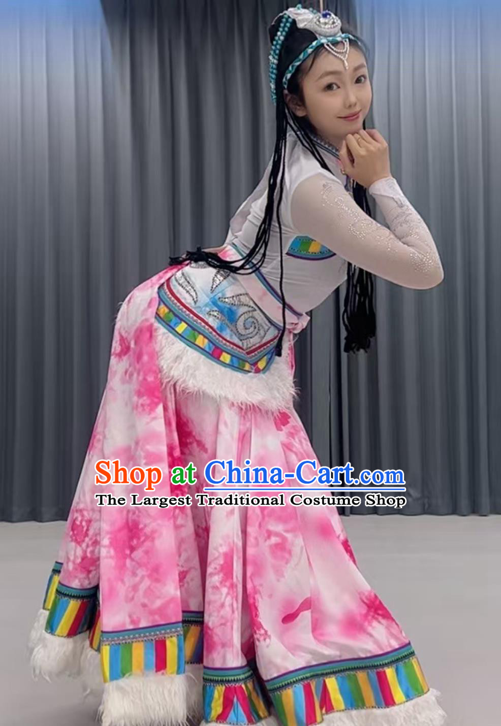 Tibetan Laundry Song Ethnic Dance Costume Chinese Zang Nationality Dance Clothing Pink Flared Dress