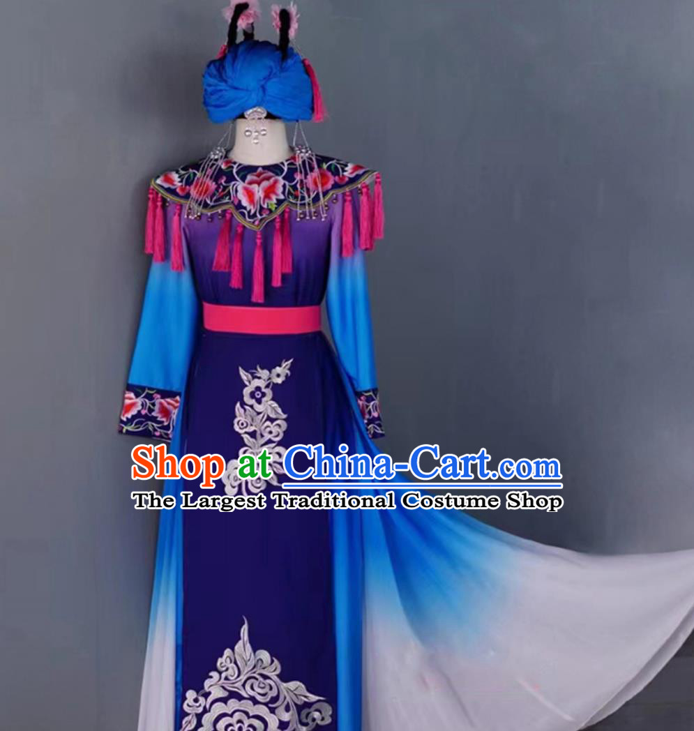 Chinese Ethnic Minority Dance Costume Blooming Rhododendron Stage Performance Clothing Women Group Dance Dress and Headwear