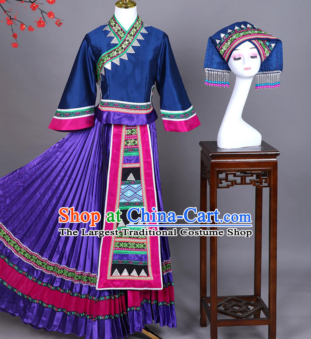 Chinese Ethnic Minority March Third Zhuang Buyi Dance Costume Traditional Festival Cultural Performance Outfit and Headwear