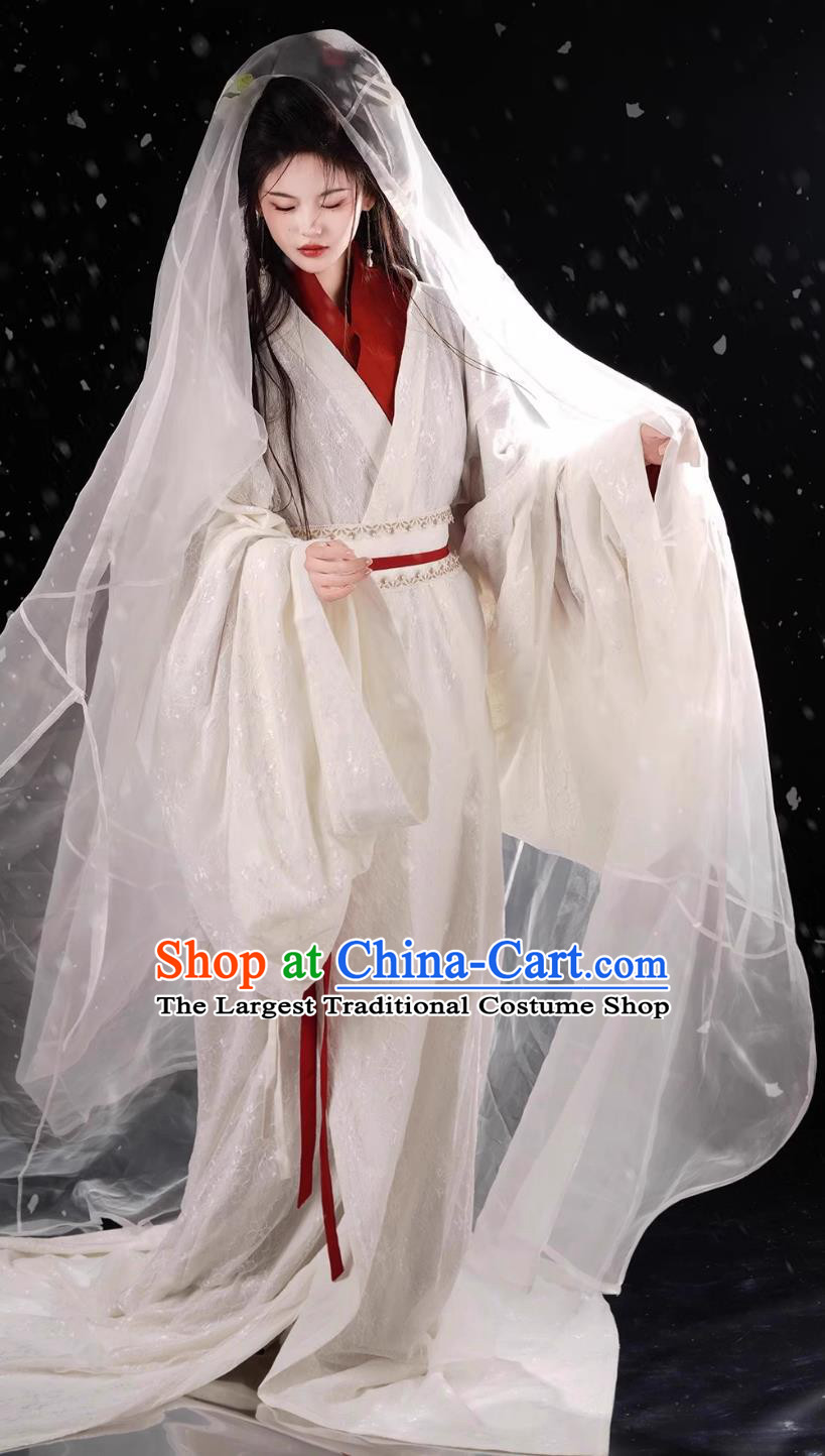 Women Hanfu Cai Wenji White Warring States Robe Chinese Restoration White Lace Double Layer Dress