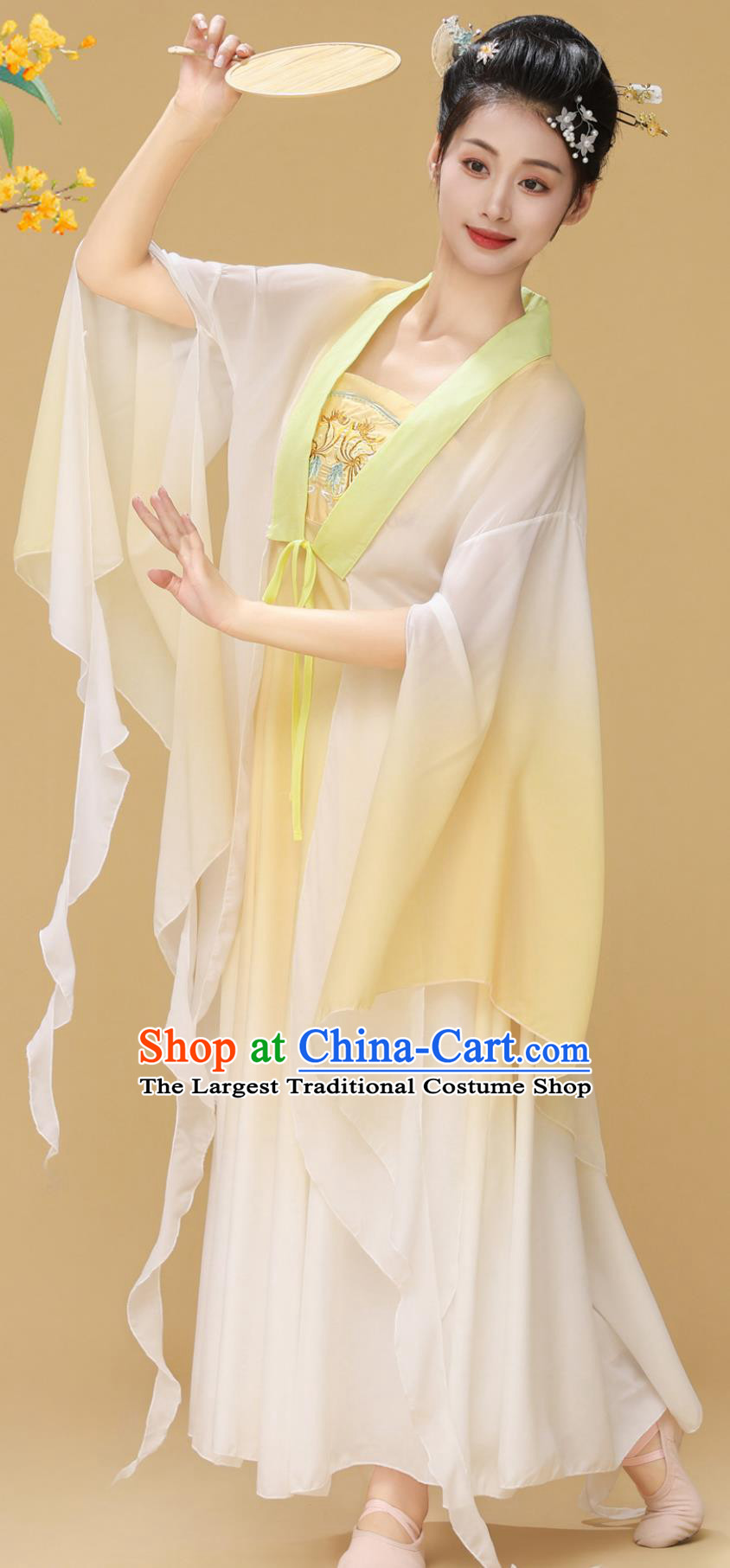 Classical Dance Performance Costume Women Elegant Hanfu Chinese Style Poetic Floral Wang Shiyi Yellow Flower Slim Dance Dress