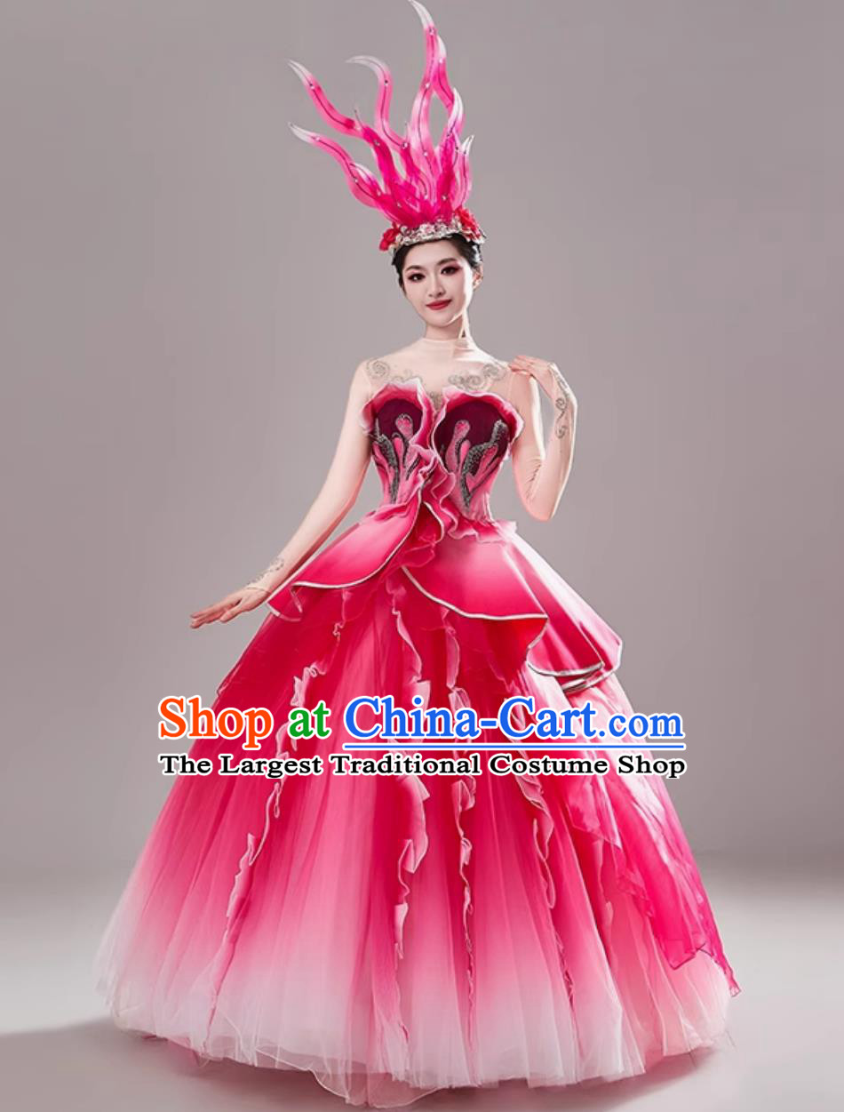 Chinese Spring Festival Gala Opening Dance Clothing Women Group Dance Costume Pink Petal Trimmed Dance Dress
