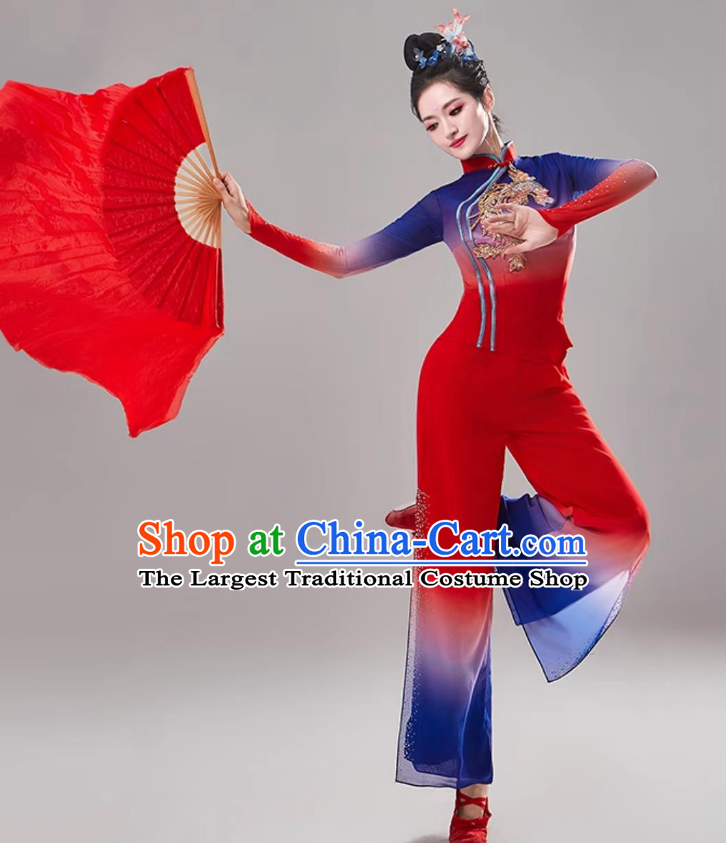 Chinese Folk Dance Clothing Women Group Fan Dance Costume Jiaozhou Yangko Dance Red Uniform