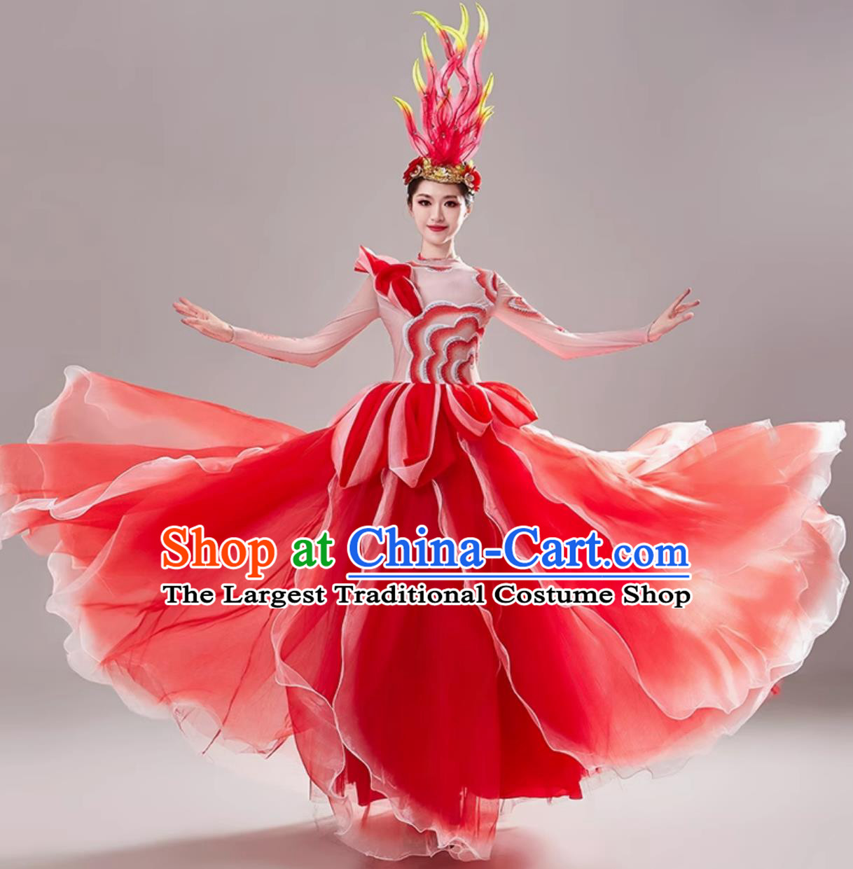 Top Stage Performance Red Petal Trimmed Dance Dress Chinese Spring Festival Gala Opening Dance Clothing Women Group Dance Costume