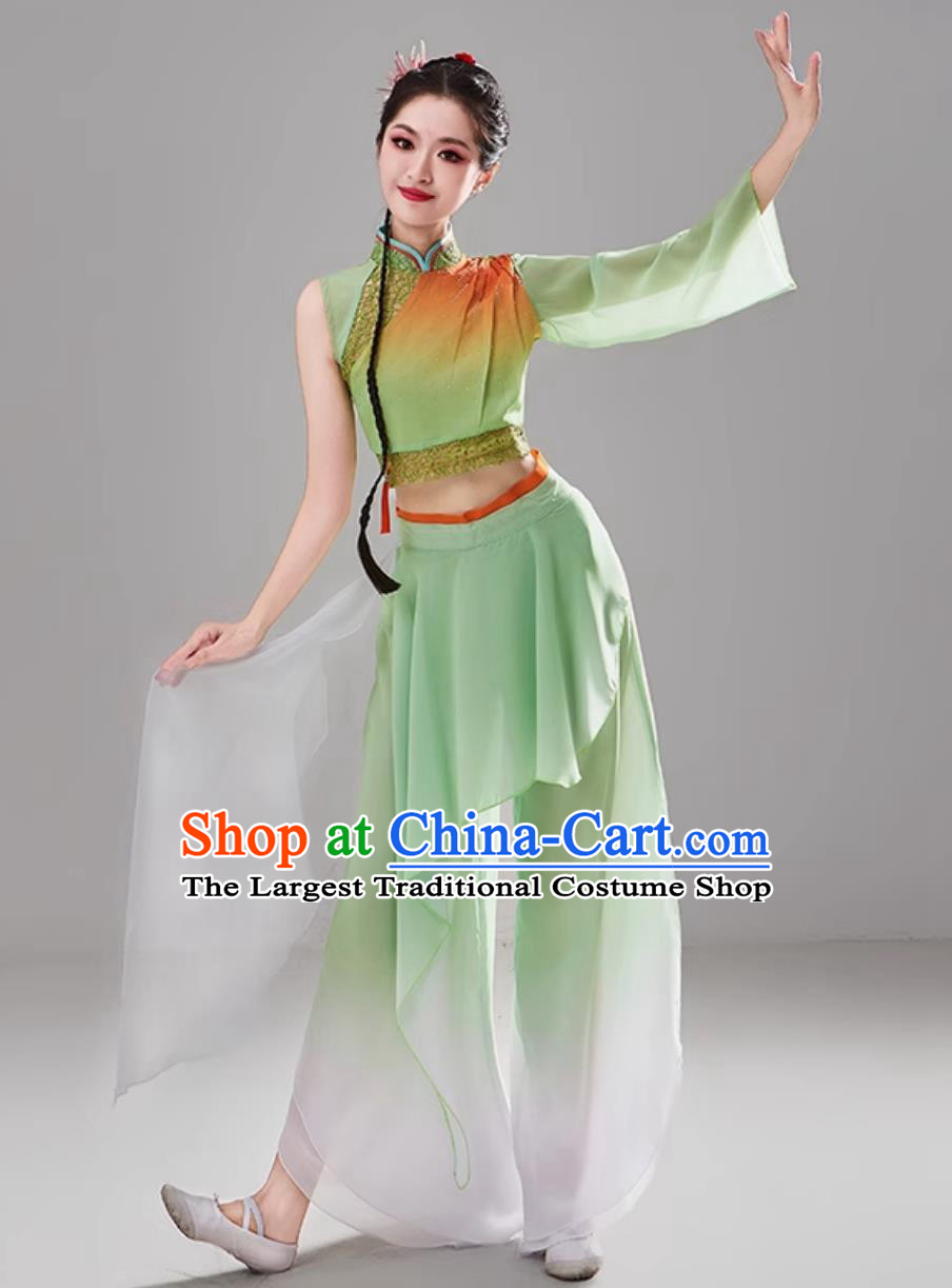 Women Group Bamboo Hat Dance Green Uniform Chinese Folk Dance Clothing Traditional Yangko Dance Costume