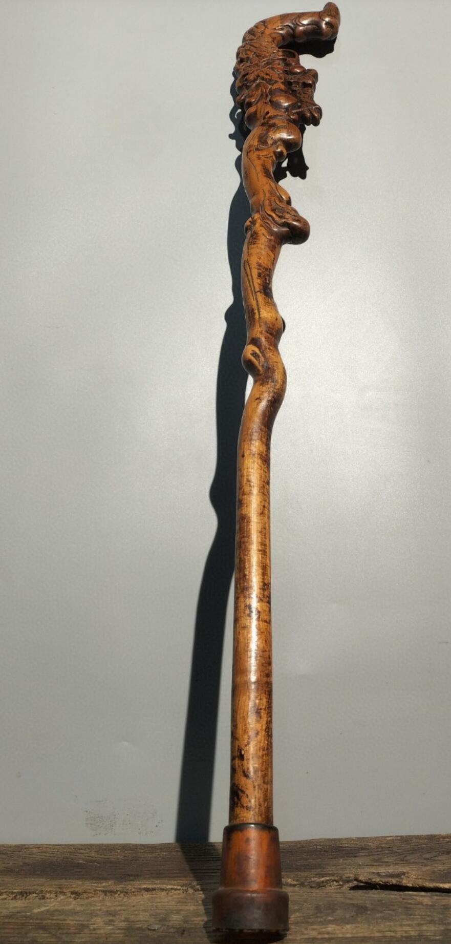 Chinese Hand Carved Dragon Cane Peach Wood Crutch