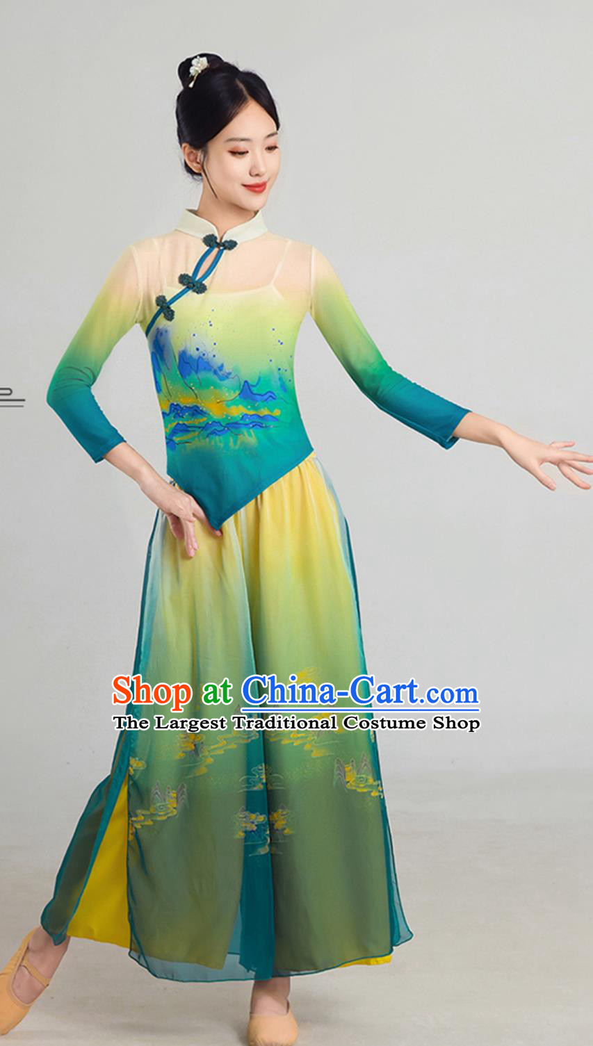 Han Tang Style Classical Dance Outfit Green Blue Cheongsam Chinese Dance Practice Costume