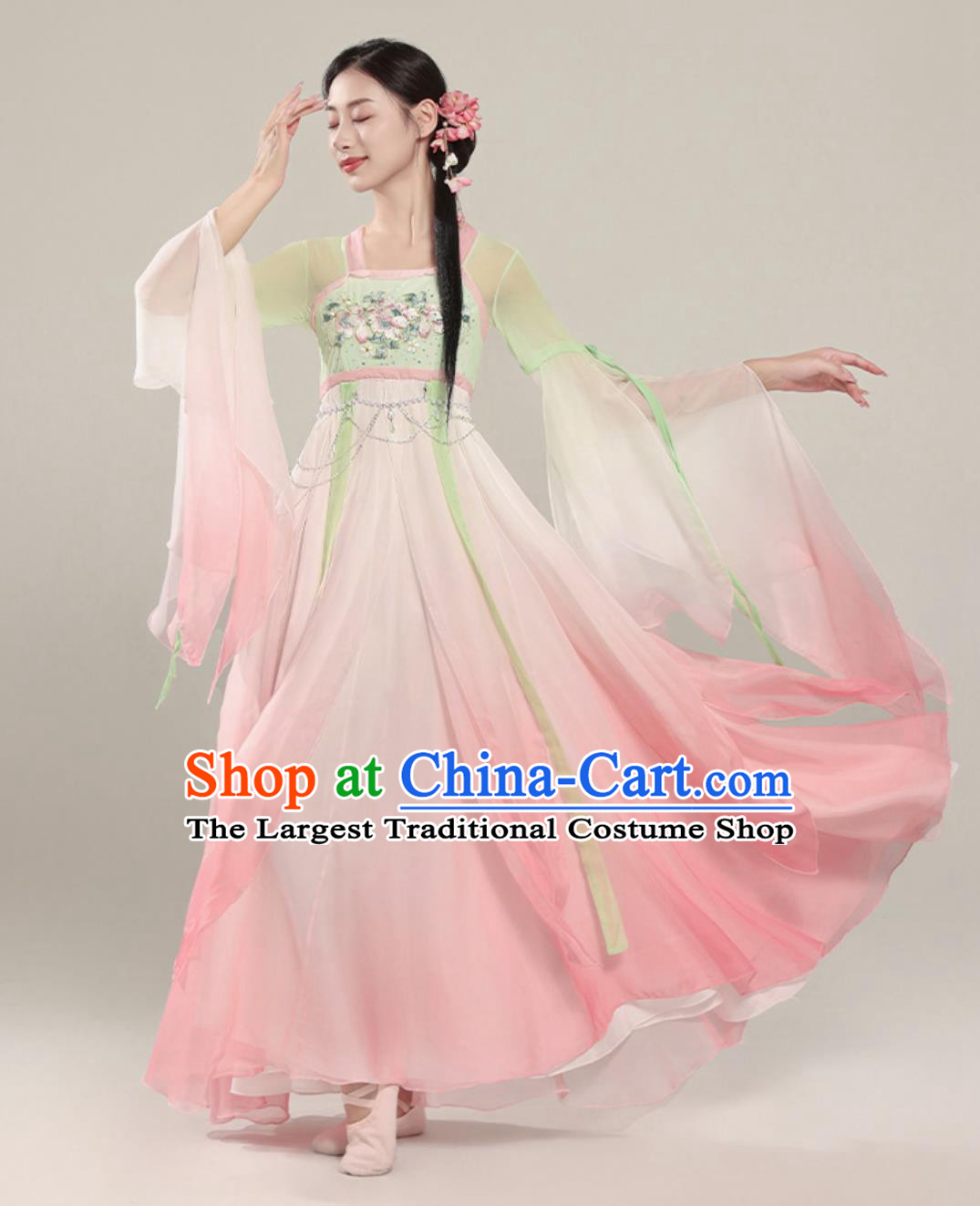 Chinese Dance Costume Women Flared Skirt Pink Fairy Dress Performance Hanfu Outfit