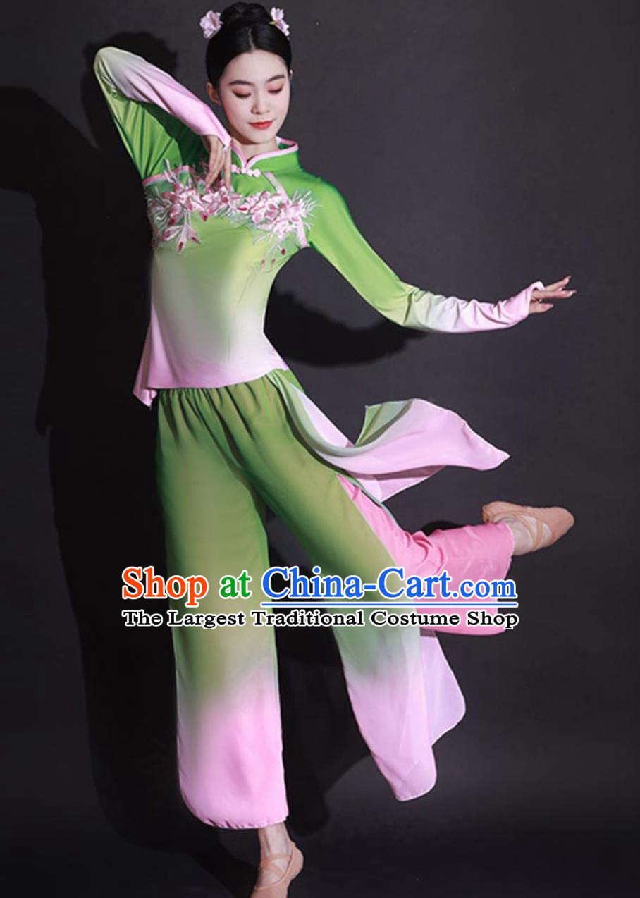 Chinese Jiaozhou Yangko Dance Suit Plus Size Green Fan Dance Outfit for Women