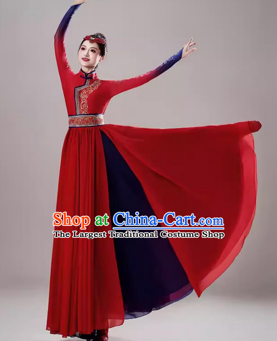 Mongolian Dance Performance Costume Women Chinese Ethnic Dance Red Dress Swan Goose Dance Outfit